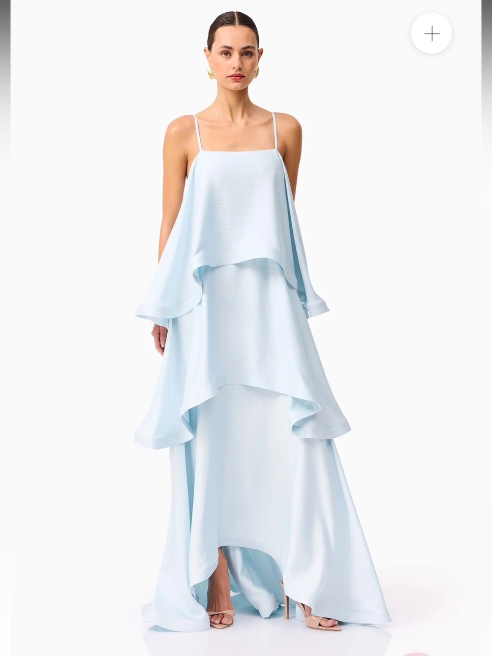 elliatt tilly pale blue tiered satin textured ruffle flared maxi gown dress XS